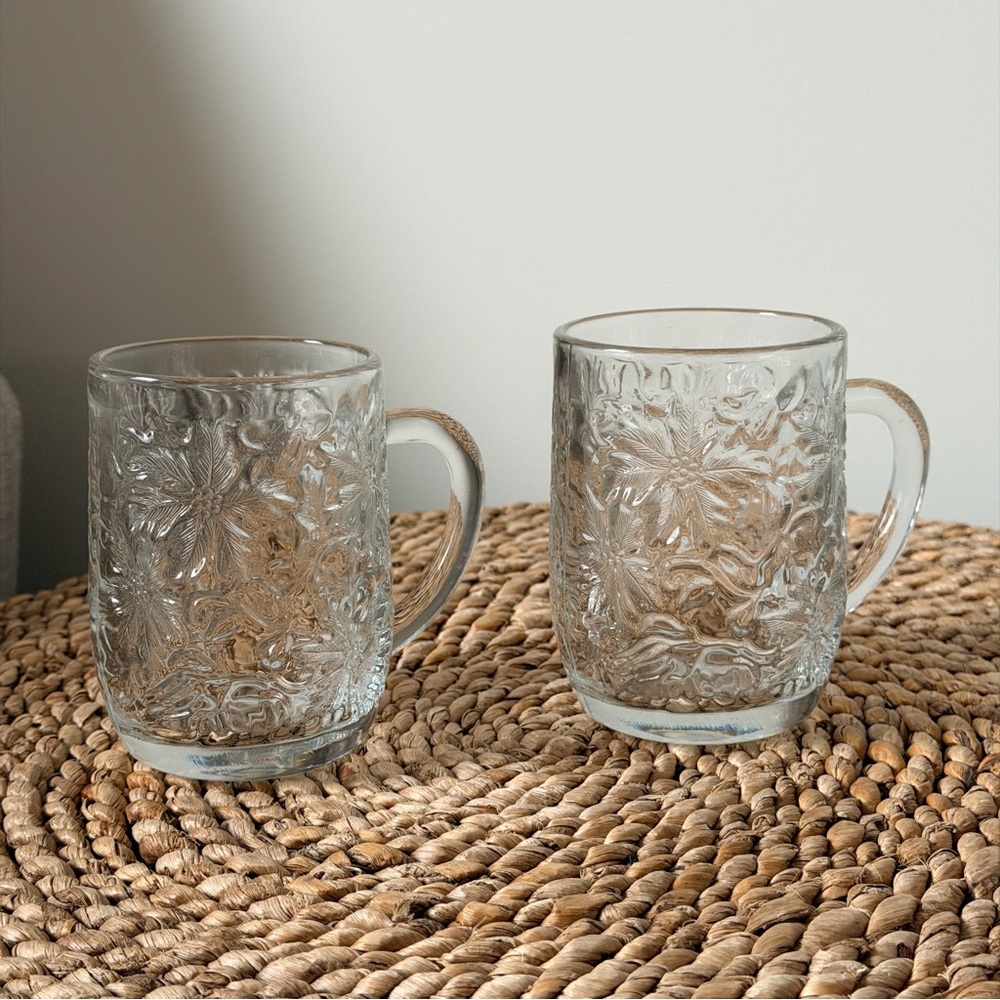 Vintage Clear Floral Embossed Glass Mugs - Set of 2